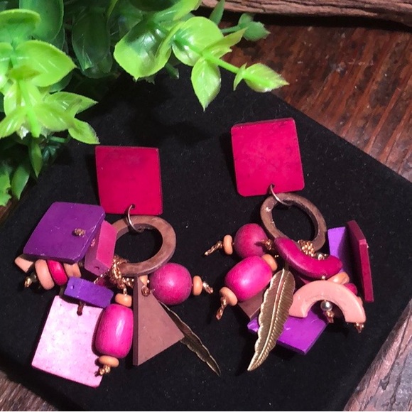 None Jewelry - Hot Color Pierced Earrings Wooden Multi Shape Beads Gold Tone Accents